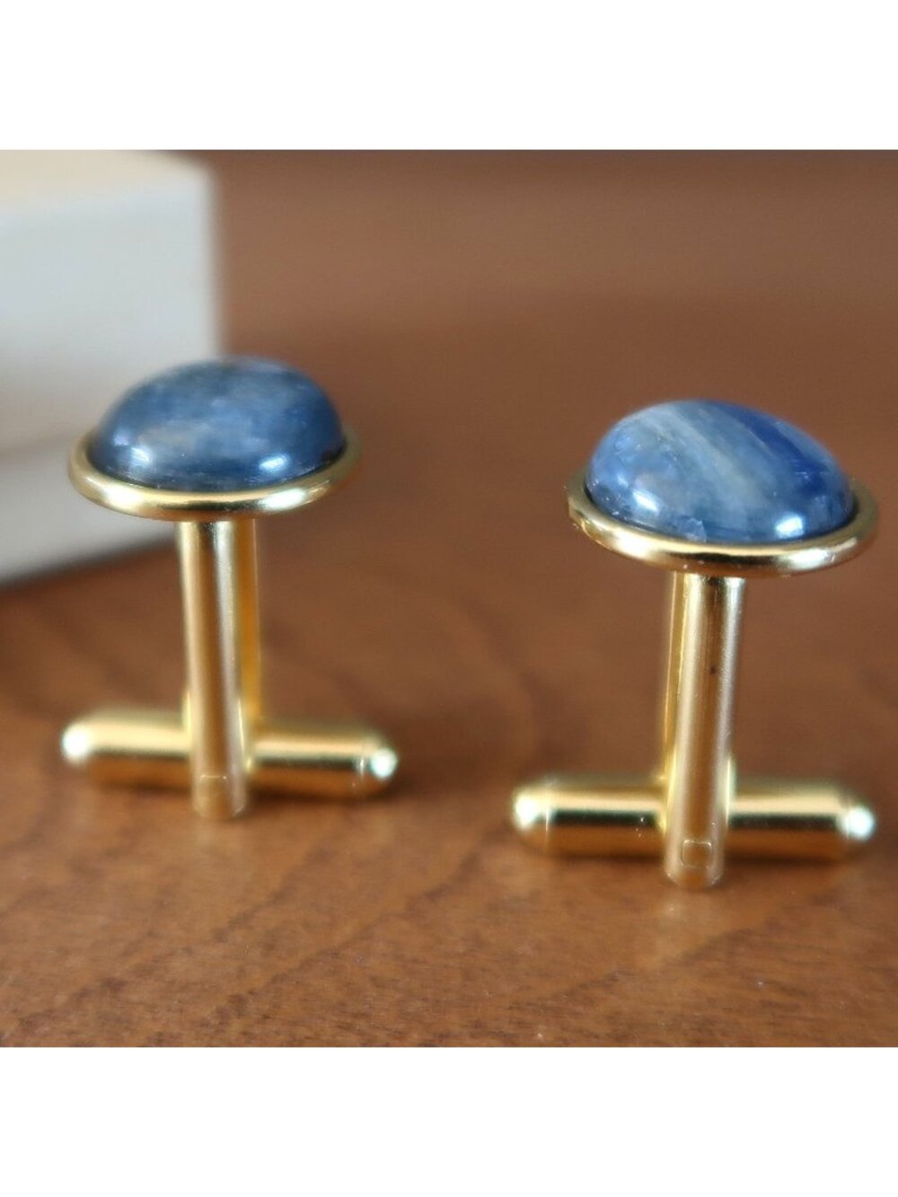 Kyanite Cufflinks Blue Gemstone in Business Gold Metal Unisex Gift
